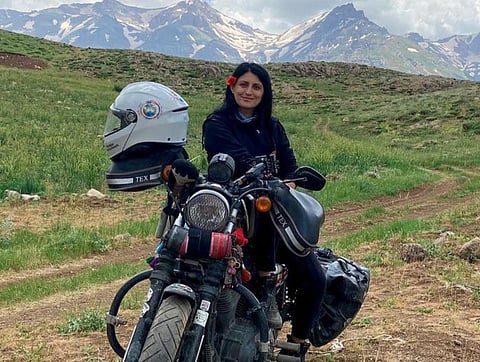 Biker Elena Axinte aka Hele Rider during her ongoing trip.