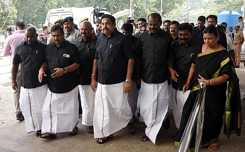 AIADMK leaders Edappadi K Palaniswami and O Panneerselvam coming to Assembly. (Photo | Ashwin Prasath, EPS)