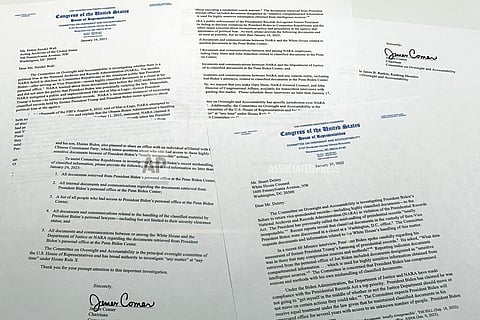 The letters from House Oversight Committee chairman to archivist of the United States, and White House Counsel are photographed on Tuesday, Jan. 10, 2023. (Photo | AP)