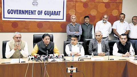 Minister Balwantsinh Rajput at the press conference on Thursday | Express
