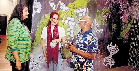 Estefania Guevara (center) along with KBF president Bose Krishnamachari and Marina Thayil, art mediation coordintor, KBF