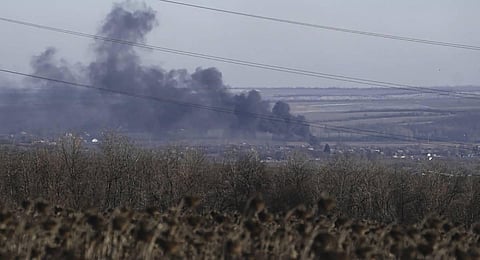 Smoke billows during fighting between Ukrainian and Russian forces in Soledar, Donetsk region, Ukraine. (Photo | AP)