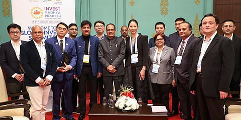 Madhya Pradesh Chief Minister Shivraj Singh Chouhan with foreign and Indian delegates during the Madhya Pradesh Global Investors Summit 2023. (Photo | PTI)