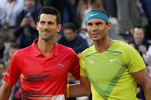 Serbia's Novak Djokovic and Spain's Rafael Nadal pose ahead of their quarterfinal match at the French Open tennis tournament in Paris, France. (Photo | AP)