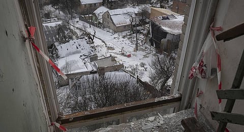 Buildings impacted by Russian missile shelling are seen in Kyiv, Ukraine. (Photo | AP)