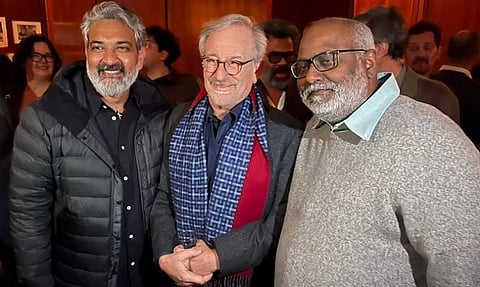 From left Indian filmmaker SS Rajamouli, Hollywood filmmaker Steven Spielberg