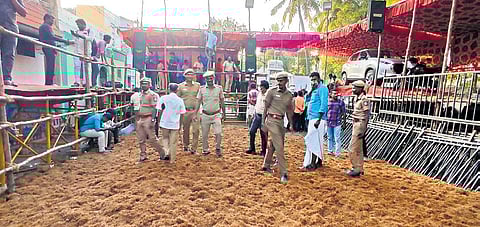 Final preparation works being carried out for jallikattu at Avaniyapuram in Madurai on Saturday.