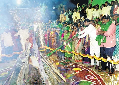 BRS MLC K Kavitha participates in Bhogi mantalu at KBR Park in Hyderabad on Saturday