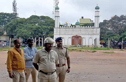 Police personnel keep vigil at Idgah Maidan in Bengaluru (File photo). (Photo| Vinod Kumar T)