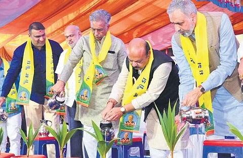Chief Minister Basavaraj Bommai at the felicitation function for Legislative Assembly Speaker Vishveshwar Hegde Kageri at Sirsi on Sunday | express
