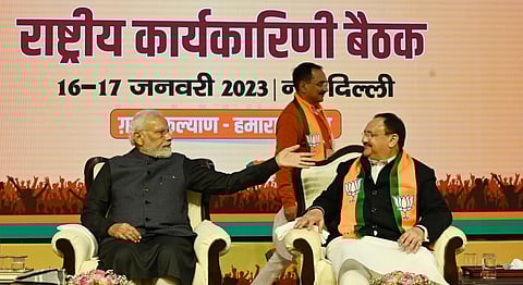 Prime Minister Narendra Modi with BJP President JP Nadda during the BJP National Executive meeting at NDMC Center in New Delhi. (Photo | Shekhar Yadav, EPS)