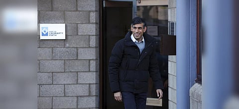 Britain's Prime Minister Rishi Sunak leaves after his visit to Port of Cromarty Firth at Invergordon, Scotland on Jan. 13, 2023 | AP