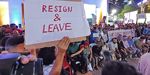 Protest by the students of K R Narayanan National Institute demanding the resignation of the director of the institute alleging caste discrimination held at Tagore Theatre.(File Express, B P Deepu )