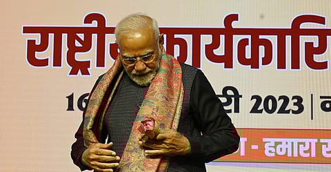 Prime Minister Narendra Modi during the BJP National Executive meeting at NDMC Center in New Delhi, on Monday. (Photo | Shekhar Yadav, EPS)