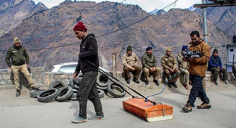 National Geophysical Research Institute (NGRI) team members check the bearing capacity of soil at the land subsidence-affected area in Joshimath, Tuesday, Jan. 17, 2023. (Photo | PTI)