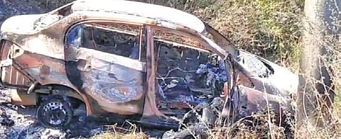 The remains of the car used for staging Dharma’s (inset) death in Medak district