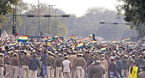 Members of the Jain community protest at India Gate against the decision of the Jharkhand govt | Express
