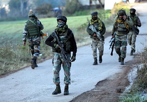 Army personnel conduct searches after four civilians were gunned down by unidentified men, in Dhangri area of Rajouri, Monday, Jan. 2, 2023(Photo | PTI)