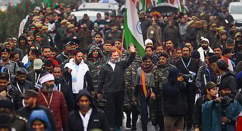 Congress leader Rahul Gandhi waves at supporters during the party's 'Bharat Jodo Yatra', in Kathua district. (Photo | PTI)