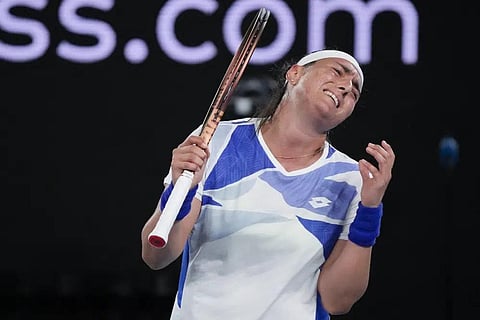 Ons Jabeur of Tunisia reacts after losing a point to Marketa Vondrousova of the Czech Republic during their second round match at the Australian Open in Melbourne, Jan 19, 2023. (Photo | AP)