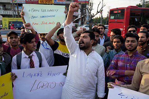 In this Nov. 18. 2022 file photo, member of an Islamic student group 'Islami Jamiat-e-Talaba' hold a demonstration against the releasing of ''Joyland' movie, in Lahore, Pakistan. (Photo | AP)