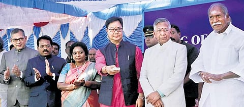 Union Minister Kiren Rijiju along with other dignitaries at the foundation stone laying ceremony in Puducherry on Thursday | SRIRAM R