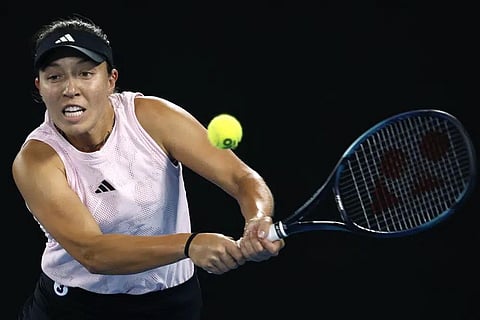 Jessica Pegula of the U.S. plays a backhand return to Aliaksandra Sasnovich of Belarus during their second round match at the Australian Open in Melbourne, Jan. 18, 2023. (Photo | AP)