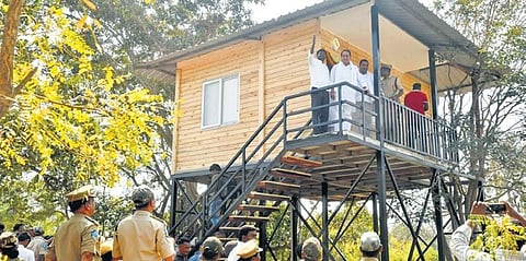 Minister of Forests and Environment A Indrakaran Reddy checks a treehouse after launching ecotourism projects in Amrabad Tiger Reserve on Friday | Vinay Madapu