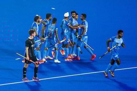 Indian players celebrate a goal against Wales in the FIH men's Hockey World Cup fixture at Kalinga Stadium in Bhubaneswar, Thursday, Jan. 19, 2023. (Photo | Debdatta Mallick, EPS)