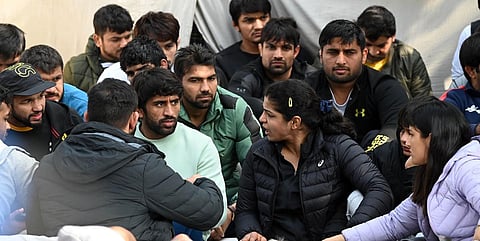 India's top wresters continue to protest against WFI and its President Brij Bhushan Sharan Singh in New Delhi, Jan 20. 2023. (Photo | Shekhar Yadav, EPS)