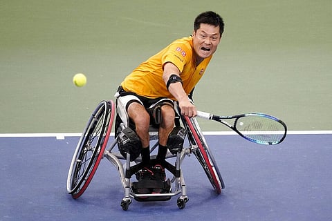 Shingo Kunieda, of Japan, returns a shot to Alfie Hewett, of Britain, during the men's wheelchair singles final of the U.S. Open tennis championships on Sept. 11, 2022, in New York. (Photo | AP)