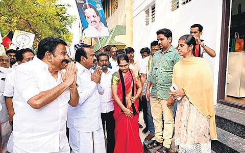 Ministers S Muthuswamy and KN Nehru during the door-to-door campaign at Erode East constituency on Saturday | Express