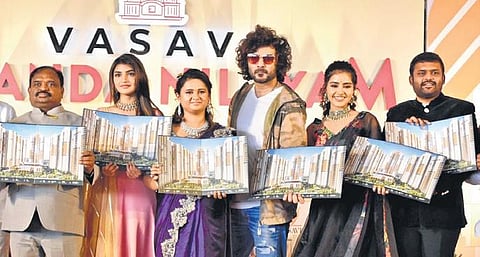 Actors Sreeleela, Anupama Parameswaran, and Siddu Jonnalagada participate in the Ananda Nilayam launch event at LB Nagar in Hyderabad on Sunday