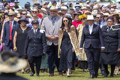 New Zealand Prime Minister Jacinda Ardern, center, and her caucus arrive at Ratana, New Zealand, Tuesday, Jan. 24, 2023.(Photo | AP)