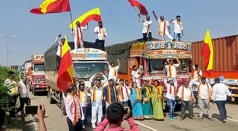 Karnataka Rakshana Vedike supporters stage a protest over the Maharashtra-Karnataka border dispute, at Hire Bagewadi, in Belagavi. (File Photo |ANI)