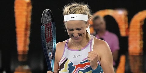 Victoria Azarenka of Belarus reacts after defeating Jessica Pegula of the U.S. in their quarterfinal match at the Australian Open.(Photo | AP)