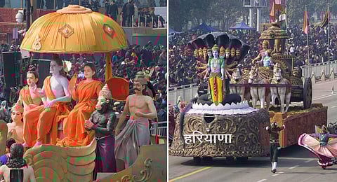 Uttar Pradesh tableau and Haryana tableau on display during the full dress rehearsal of the Republic Day Parade 2023, at Kartavya Path in New Delhi, Monday, Jan. 23, 2023. (PTI)