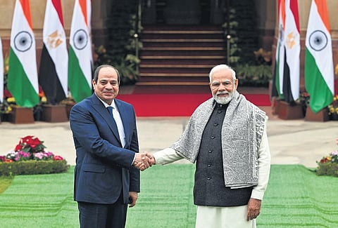 Prime Minister Narendra Modi with Egyptian President Abdel Fattah El-Sisi in New Delhi on Wednesday. (Photo | Shekhar Yadav)