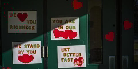 Messages of support for teacher Abby Zwerner, who was shot by a 6-year-old student, grace the front door of Richneck Elementary School Newport News, Va., on Jan. 9, 2023.(Photo | File AP)
