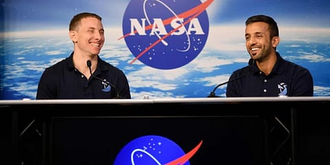 Astronauts Sultan Al Neyadi of the UAE (right) and Warren 'Woody' Hoburg of the US participate in a news conference at NASA’s Johnson Space Center in Houston, Texas, on Jan. 25, 2023. (AFP)