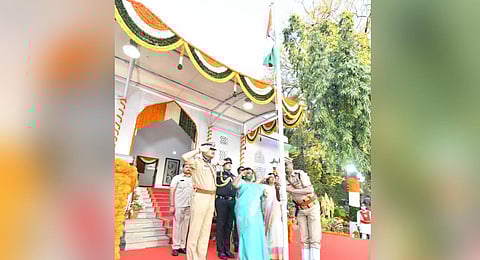 The flag hoist ceremony at Raj Bhavan, Hyderabad on Republic Day. (Photo | Dr Tamilisai Soundararajan Twitter)