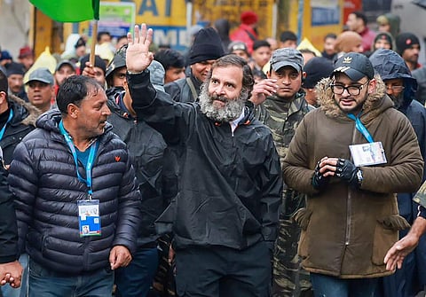 Congress leader Rahul Gandhi waves at supporters during the party's 'Bharat Jodo Yatra', in Ramban district, Wednesday, Jan. 25, 2023. (Photo | PTI)
