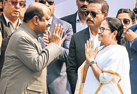 Bengal CM Mamata Banerjee with Governor CV Ananda Bose at the 74th Republic Day parade in Kolkata.
