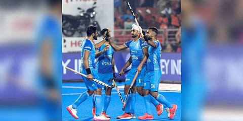 Indian players celebrate a goal against Japan during the FIH Odisha Hockey Men’s World Cup 2023 match, at Birsa Munda Stadium, in Rourkela on Thursday. India thrashes Japan 8-0 | ANI