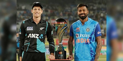 The Two Captains pose with the silverware ahead of the 1st T20I in Ranchi | Twitter