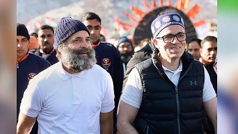 Congress leader Rahul Gandhi with J&K National Conference Omar Abdullah during Congress' Bharat Jodo Yatra, in Banihal, J & K on Jan. 27, 2023