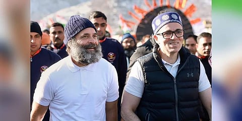 Congress leader Rahul Gandhi with J&K National Conference Vice President Omar Abdullah during Congress' Bharat Jodo Yatra, in Banihal, J & K on Jan. 27, 2023 | PTI