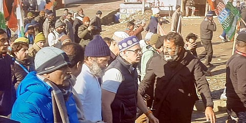 Congress leader Rahul Gandhi with former J & K CM Omar Abdullah and other during the Bharat Jodo Yatra in Banihal, J & K, Friday, Jan. 27, 2023. (Photo | PTI)