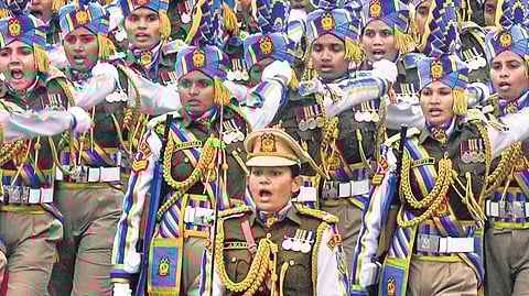 A file image of the women personnel of the CRPF in a marching contingent during the 74th Republic Day parade at Kartavya Path in New Delhi on Thursday