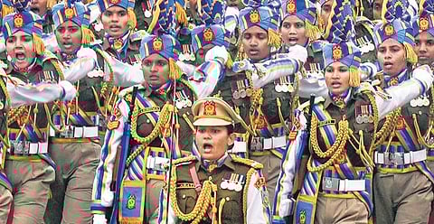 Women personnel in a marching contingent of the CRPF during the 74th Republic Day parade at Kartavya Path in New Delhi on Thursday
